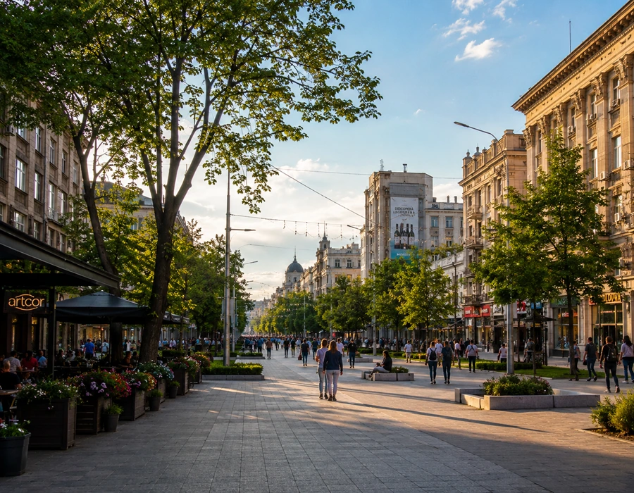 Central boulevard in Chișinău, Moldova, with cafes and pedestrians