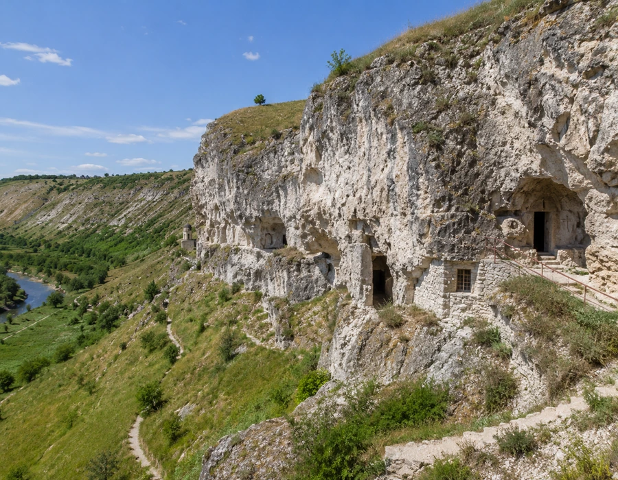 Limestone cliffs and cave monastery at Orheiul Vechi, Moldova