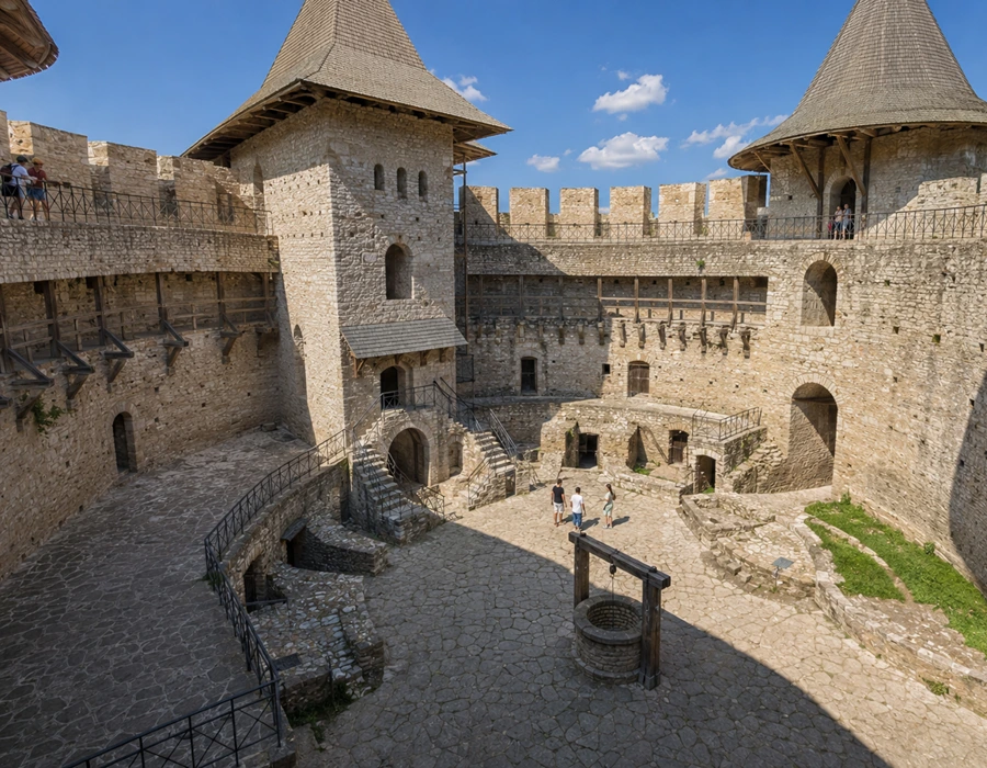 Visitors exploring Soroca Fortress interior courtyard and medieval defensive walls