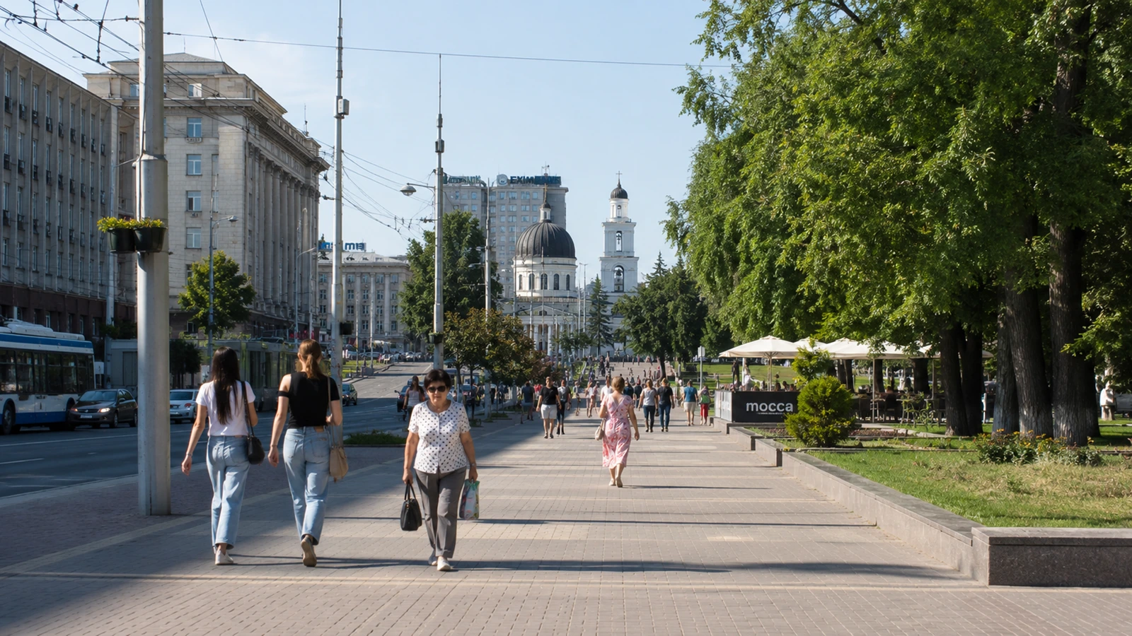Central Chisinau with Stefan cel Mare Boulevard Cathedral Park and Moldova capital skyline