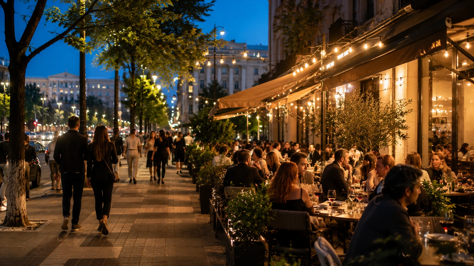 Upscale restaurants wine bars and cafe terraces in central Chisinau during evening