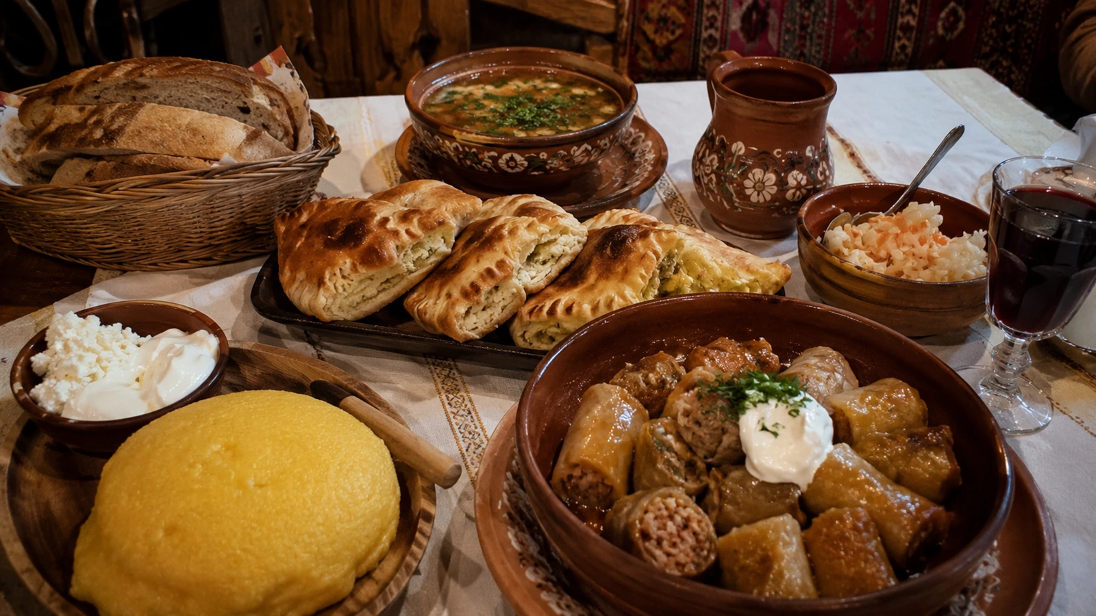 Traditional Moldovan food served inside authentic restaurant in Chisinau featuring placinte mamaliga grilled meats and local cuisine