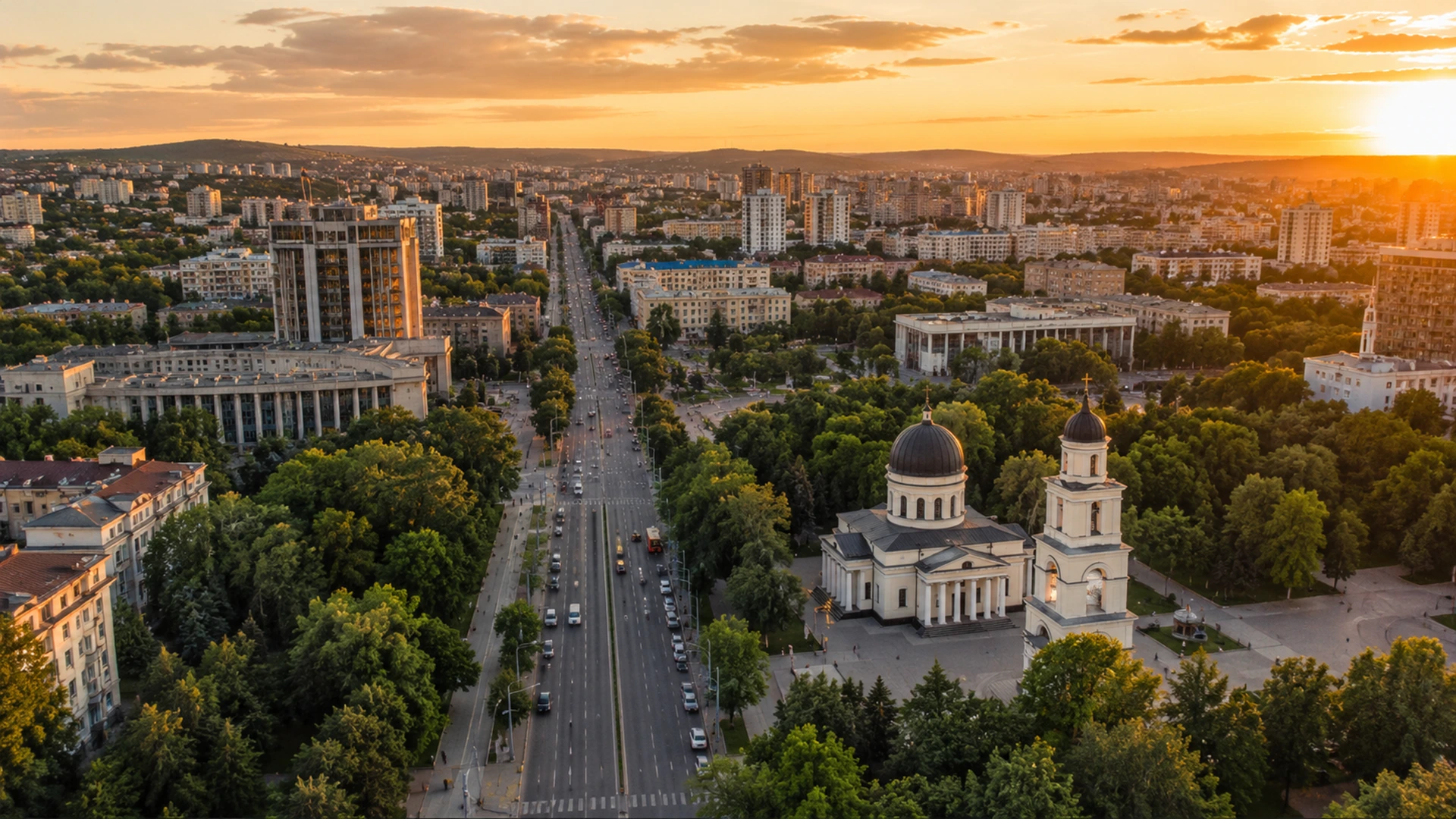 Panoramic view of Chisinau city center with Stefan cel Mare Boulevard Cathedral Park and Moldova capital skyline