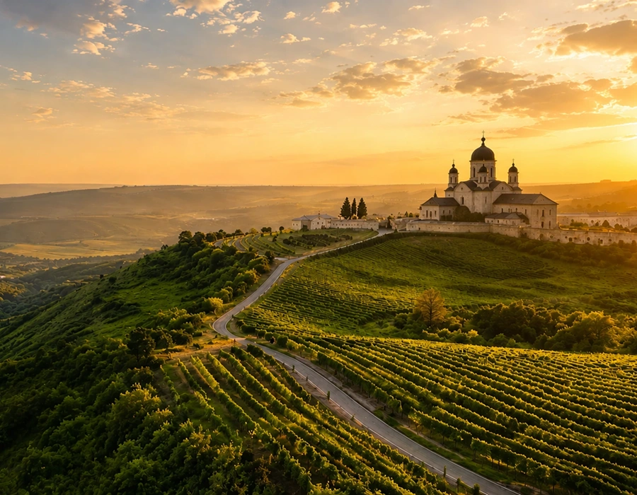 Rolling Moldova countryside with vineyards, villages and soft golden evening light