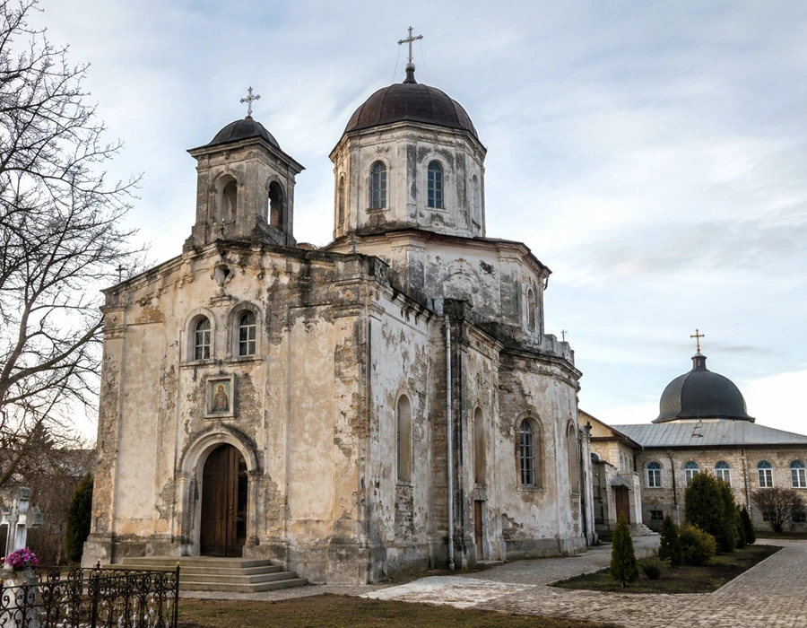 Historic Orthodox church architecture at Chistelnica Monastery in Moldova