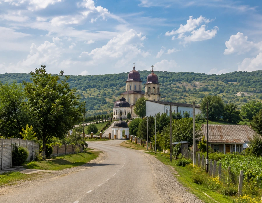 Rural road and countryside surroundings near Chistelnica Monastery in Moldova