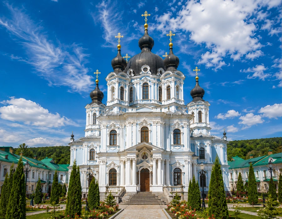 Grand Baroque cathedral architecture at Curchi Monastery in Moldova