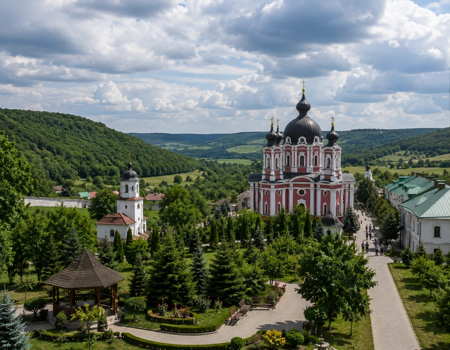 Peaceful monastery grounds and surrounding valley landscape at Curchi Monastery Moldova